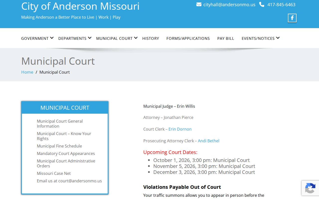 Anderson Municipal Court official information